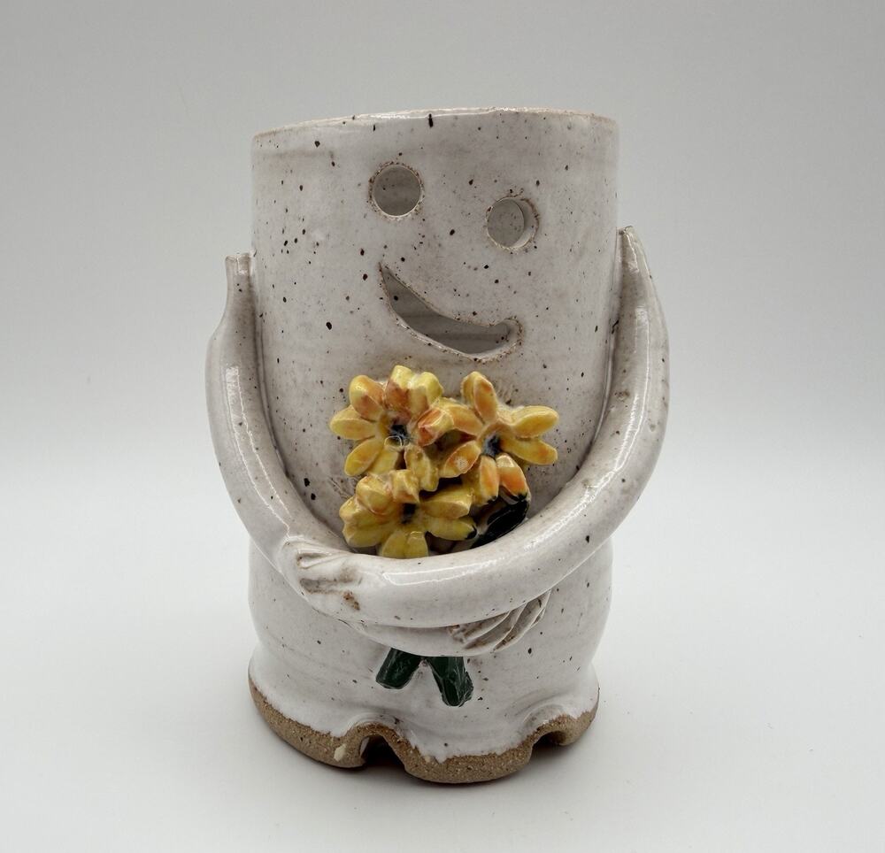 PDX Pottery White Glazed Soul Sister Vase with Yellow Flowers 5” Handmade Oregon